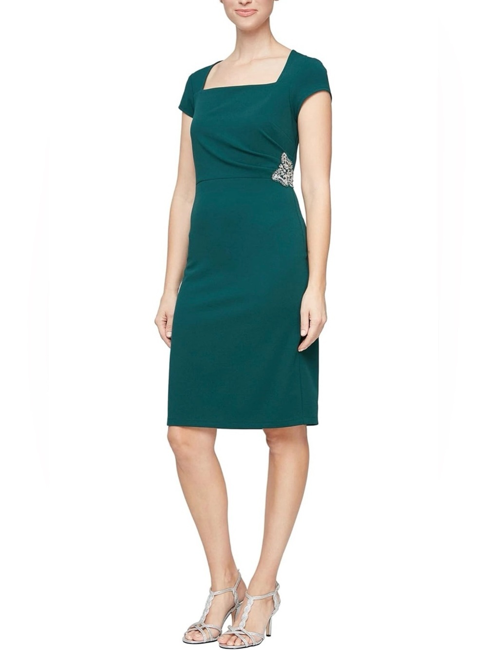 S.L. Fashions Sheath Night Out Dress Lace and Embellishment Dark Emerald